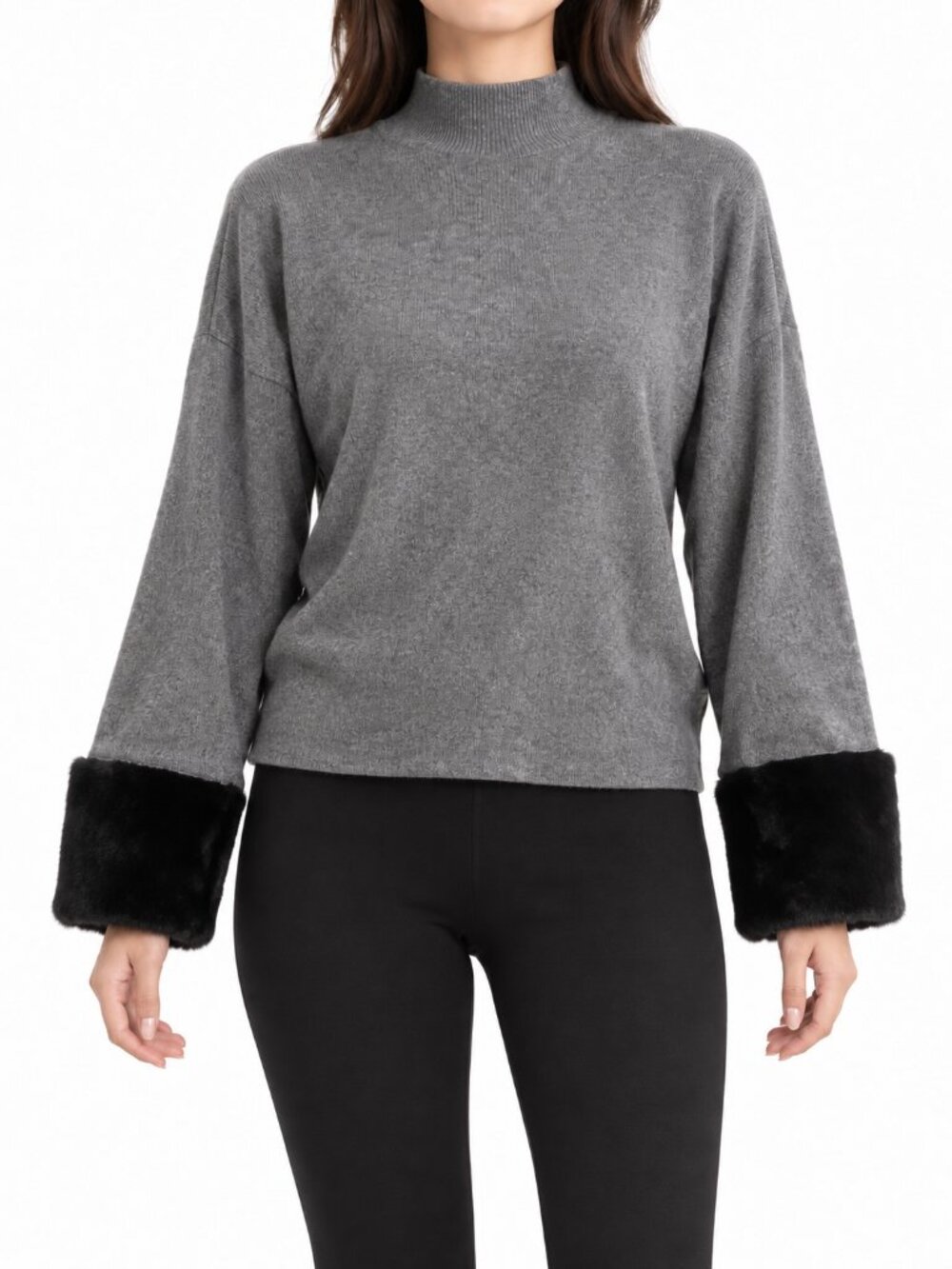Subdued Women's Gray Knit Mock Neck Sweater with Black Faux Fur Cuffs, One Size